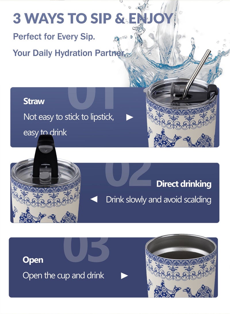 جالادون كوب قهوة للسفر من الفولاذ المقاوم للصدأ بسعة 20 أونصة، كوب حراري معزول بجدار مزدوج بتقنية التفريغ الهوائي مع ماصة وفرشاة تنظيف، كوب قهوة مانع للتسرب للمشروبات الساخنة والباردة، كوب بتصميم الجمل الأزرق، هدية مثالية. - Image 5